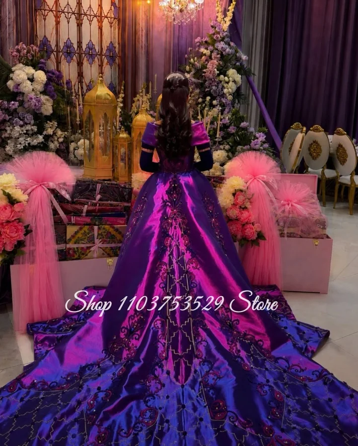 Customized Luxurious Purple Dream Wedding Dress Detachable Train Middle Eastern Bridal Gown Henna Night Elegant Engagement Dress