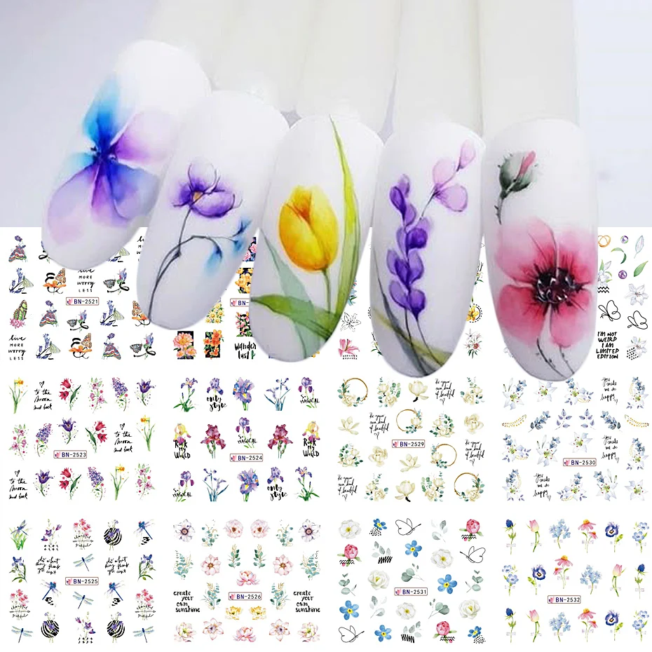 Watercolor Flowers Leaves Nail Stickers Geometry Line Graffiti Painted Colorful Slider Water Transfer Decals Manicure Decoration