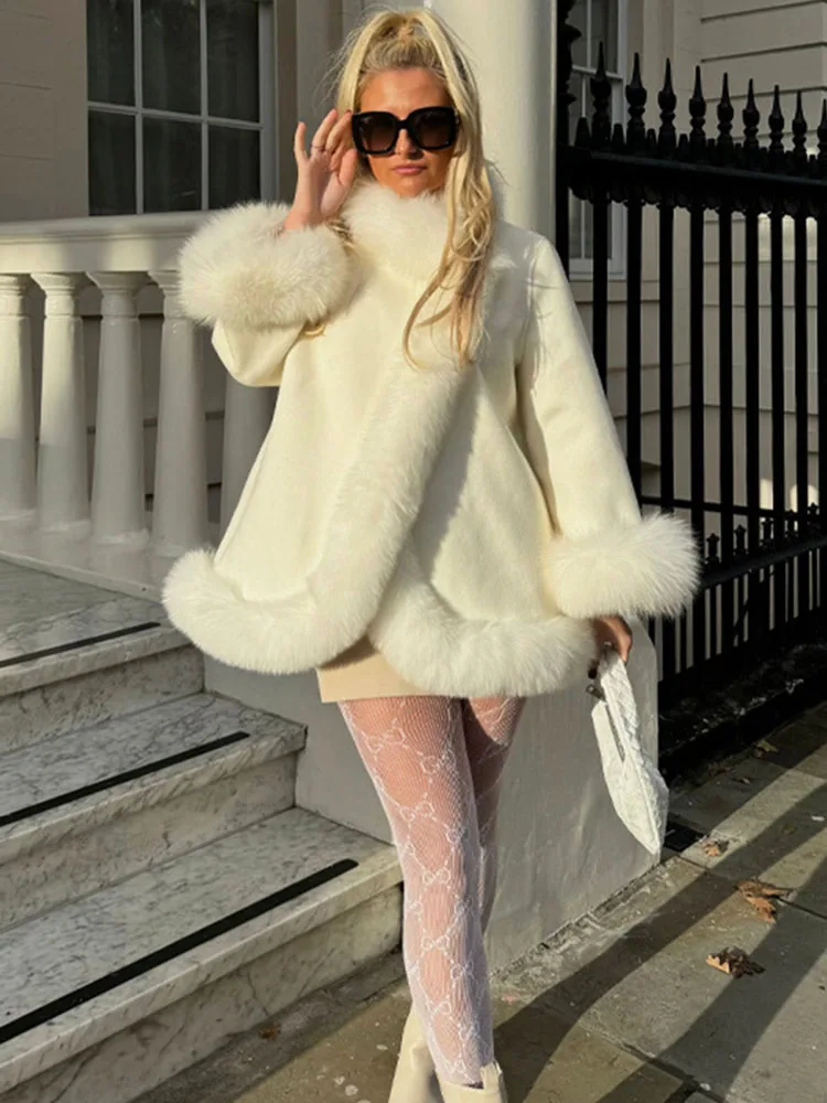 

ZADORIN Elegant White Woolen Cape Faux Fur Coat Woman Fur Trim Loose Plush Fur Jacket Woman 2025 Winter Fur Faux Coat Outerwears