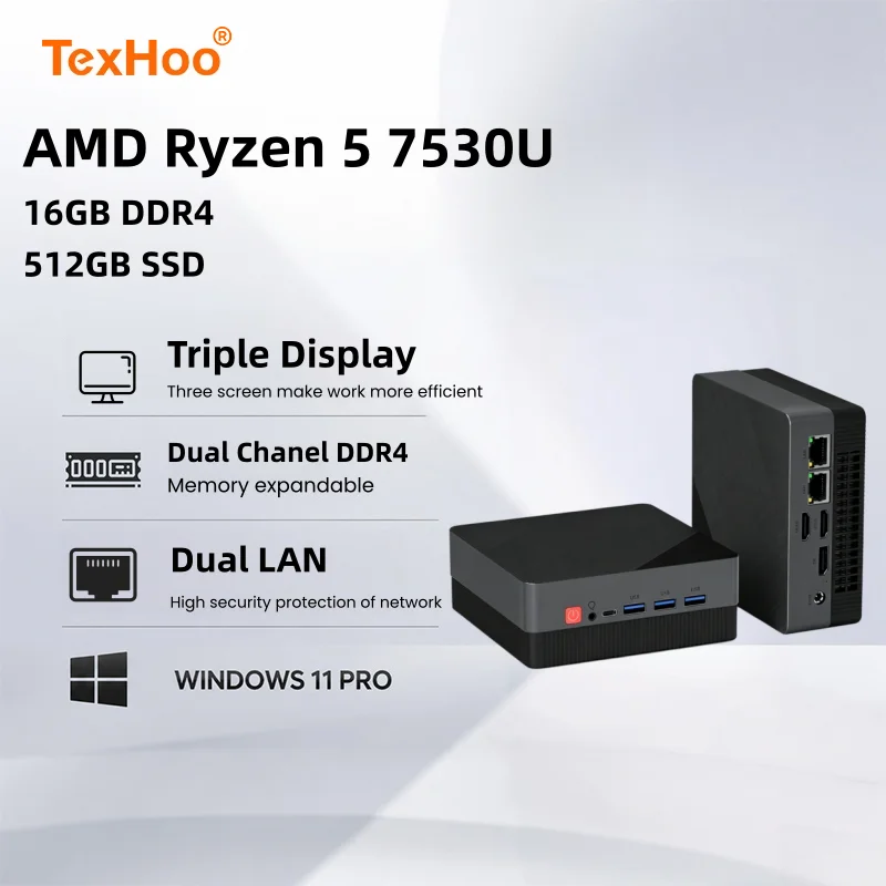 TexHoo MINI PC AMD R7 7730U Ryzen 5 7530U 4500U Dual DDR4 WIFI6 LAN*2 1*DP 2*HDMI 3 Display Desktop Computer Windows11 3xUSB3