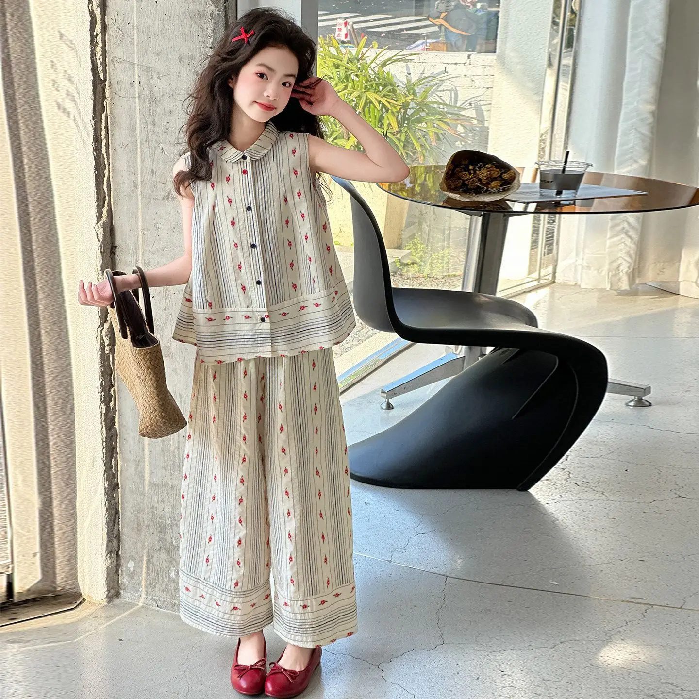 Kids Girls Casual Summer Set, Beige Floral Striped Sleeveless Button-Down Shirt + Wide Leg Pants Linen-Like Co-Ord for Toddlers