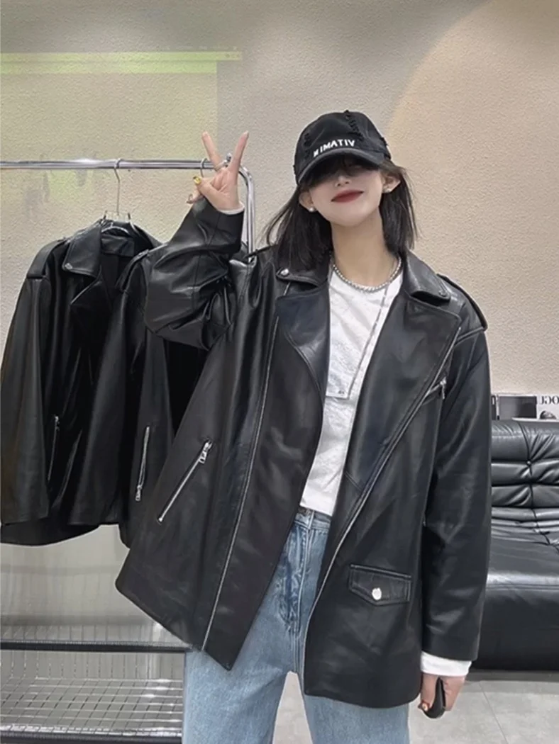 Lose Damen Eepskin Leder Jaet Mittellanger Bikermantel Frühling Herbst Neu Sle Faionable Long Sve Reißverschluss