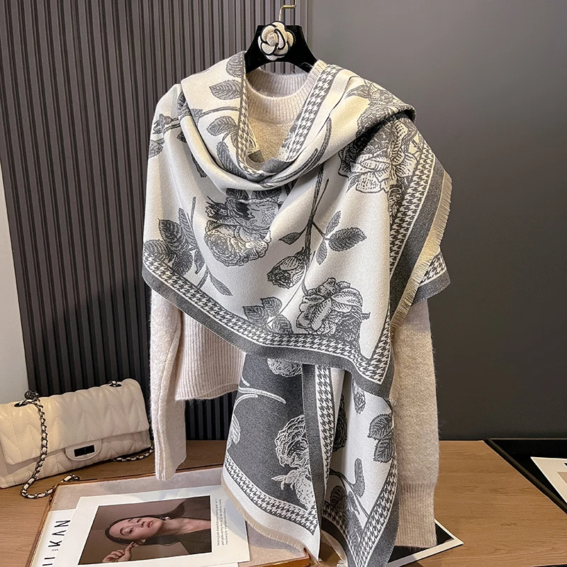 New Luxury Winter Rose Two-Sided Cashmere Jacquard Scarves High Quality Women Thicken Wrap Shawl Ladies Wool Pashmina Scarf