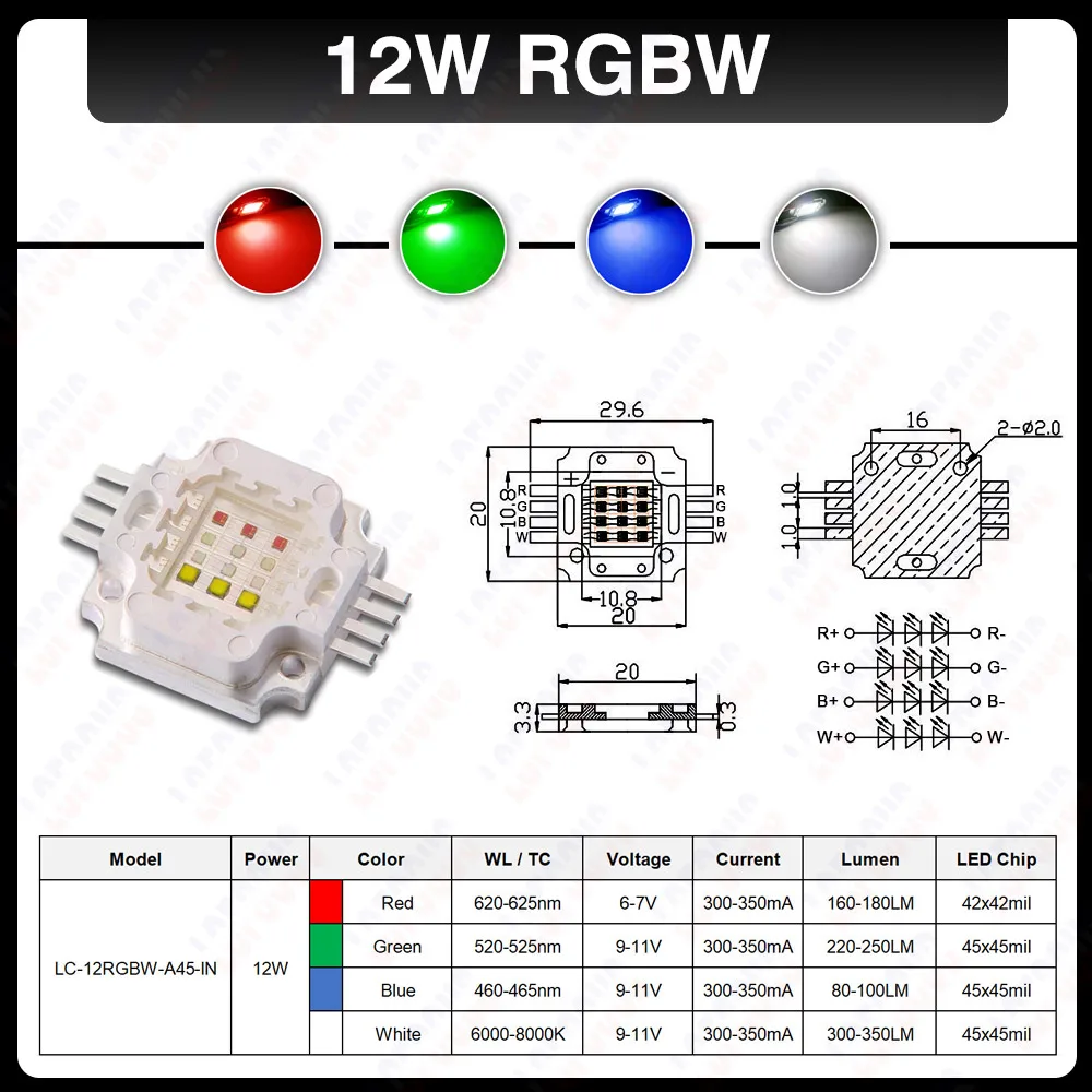 High Quality 12W RGBW RGBWW RGBY RGBV LED Chip Red Green Blue White Yellow Purple 45mil Colorful COB For DMX Stage Light Beads