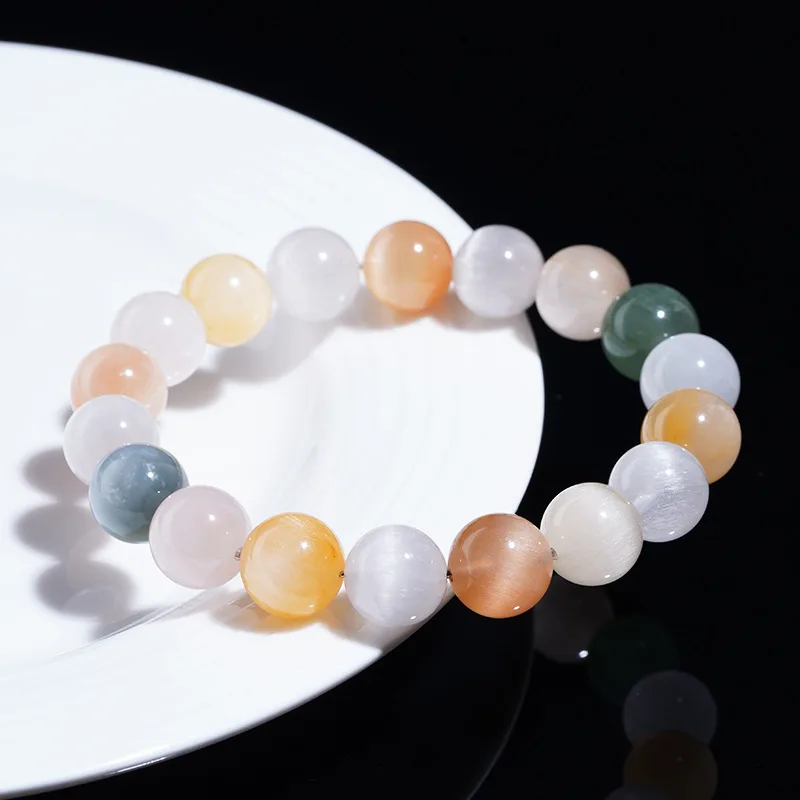 Natural High Grade Cat's Eye Rainbow Rabbit Hair Round Bead Bracelet, White Rabbit Hair Cat's Eye Crystal, Crystal Jewelry