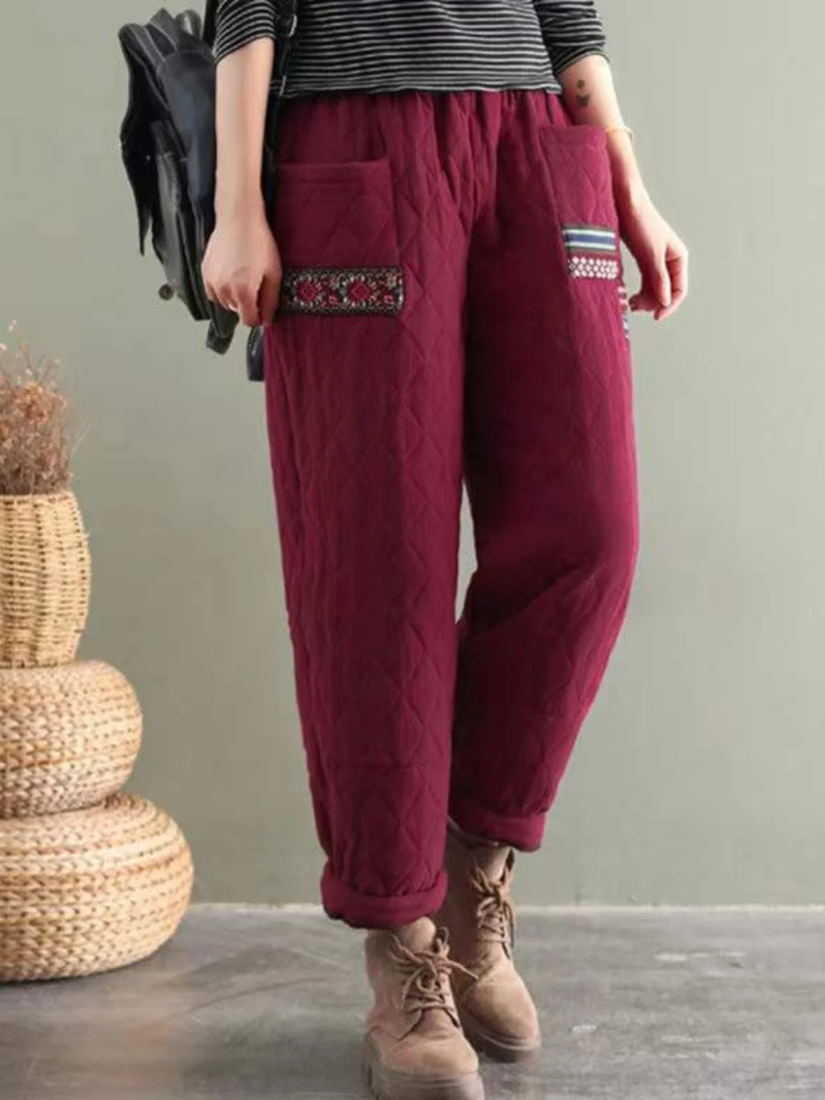 Women's High Waist Nine Points Lantern Pants Retro Patchwork down Simulation Silk Cotton Trousers Diamond Pattern Harlan Pants