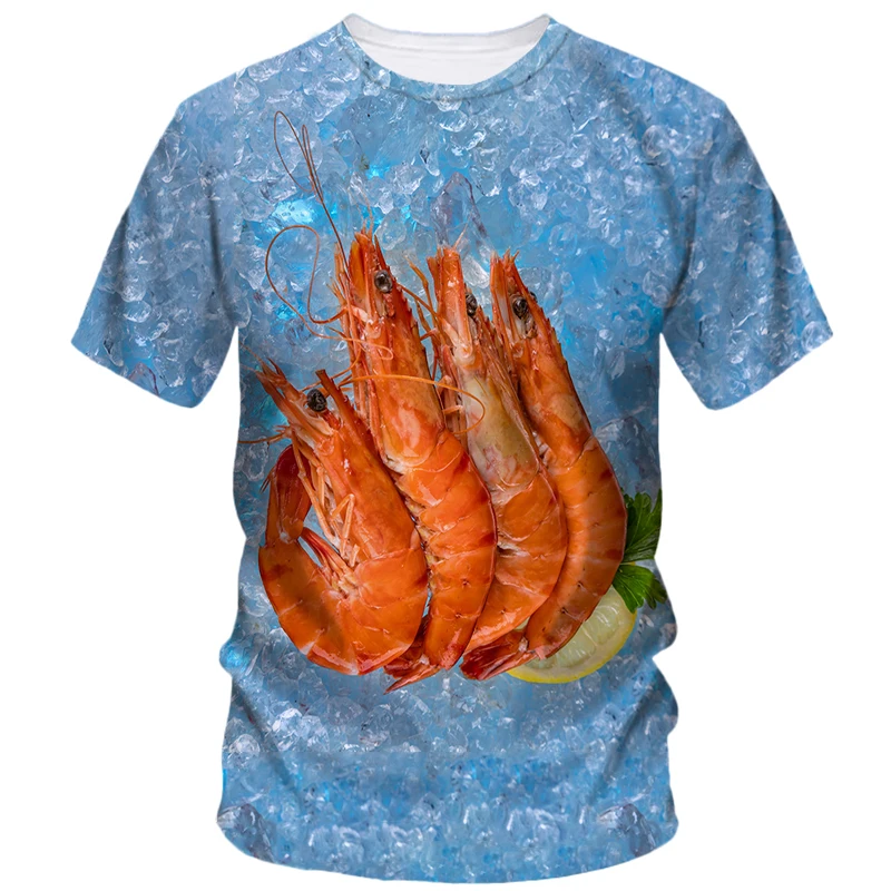 

New Styles Summer Salmon Print Creativ Men's Short Sleeve Fashion Personality Hip Hop Street Food Shrimp Casual T-Shirt Top