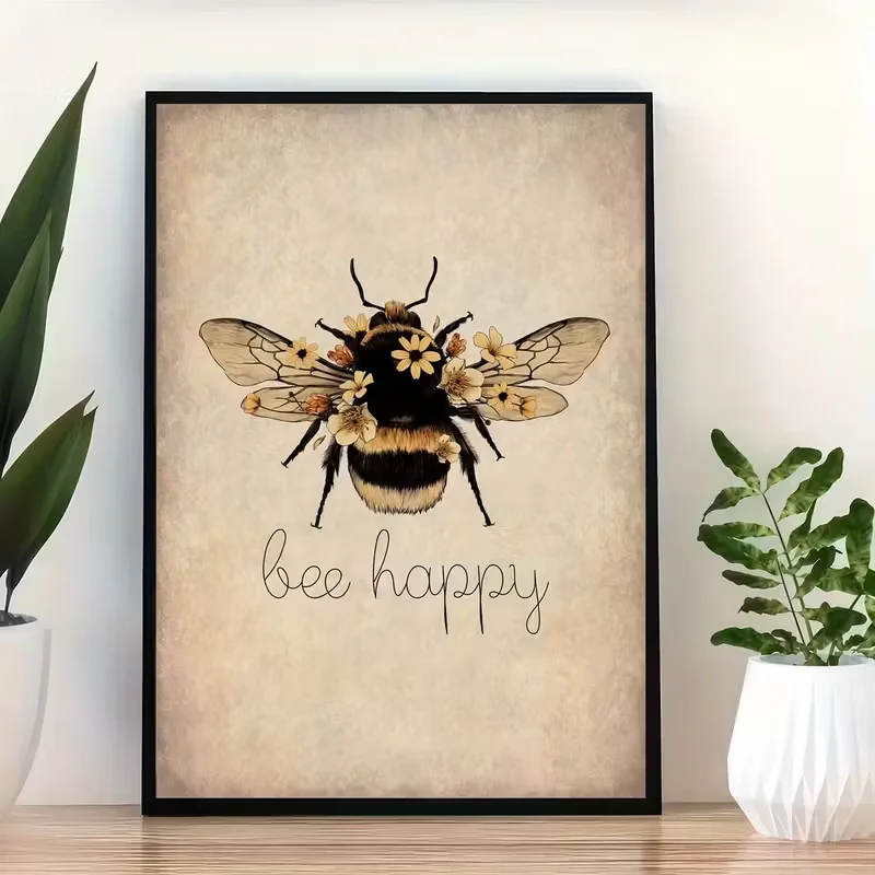 2D Flat, 2D Flat, 1pc Vintage Art, Bee Happy Print - Bee Kind, Bee Yourself, Nature Print, Bee Lover Retro Poster And Print Canv