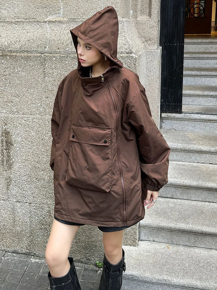 [EAM] Brązowy duży rozmiar Caual Pocket Hooded Cotton-padded Coat Long Sleeve Women Parkas Fashion Tide New Autumn Winter 2024 1DH7699