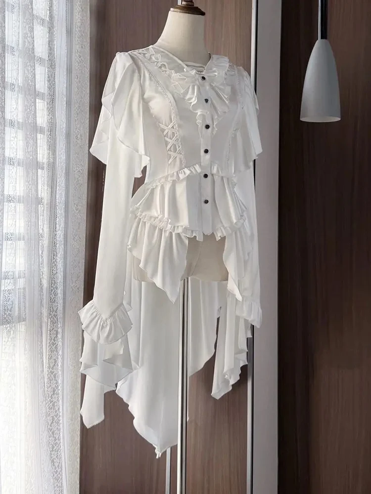 

Готические блузки для женщин, винтажные рубашки в стиле Лолиты, Blusas Mujer De Moda, модная туника, нестандартная блузка с оборками, бандажные топы