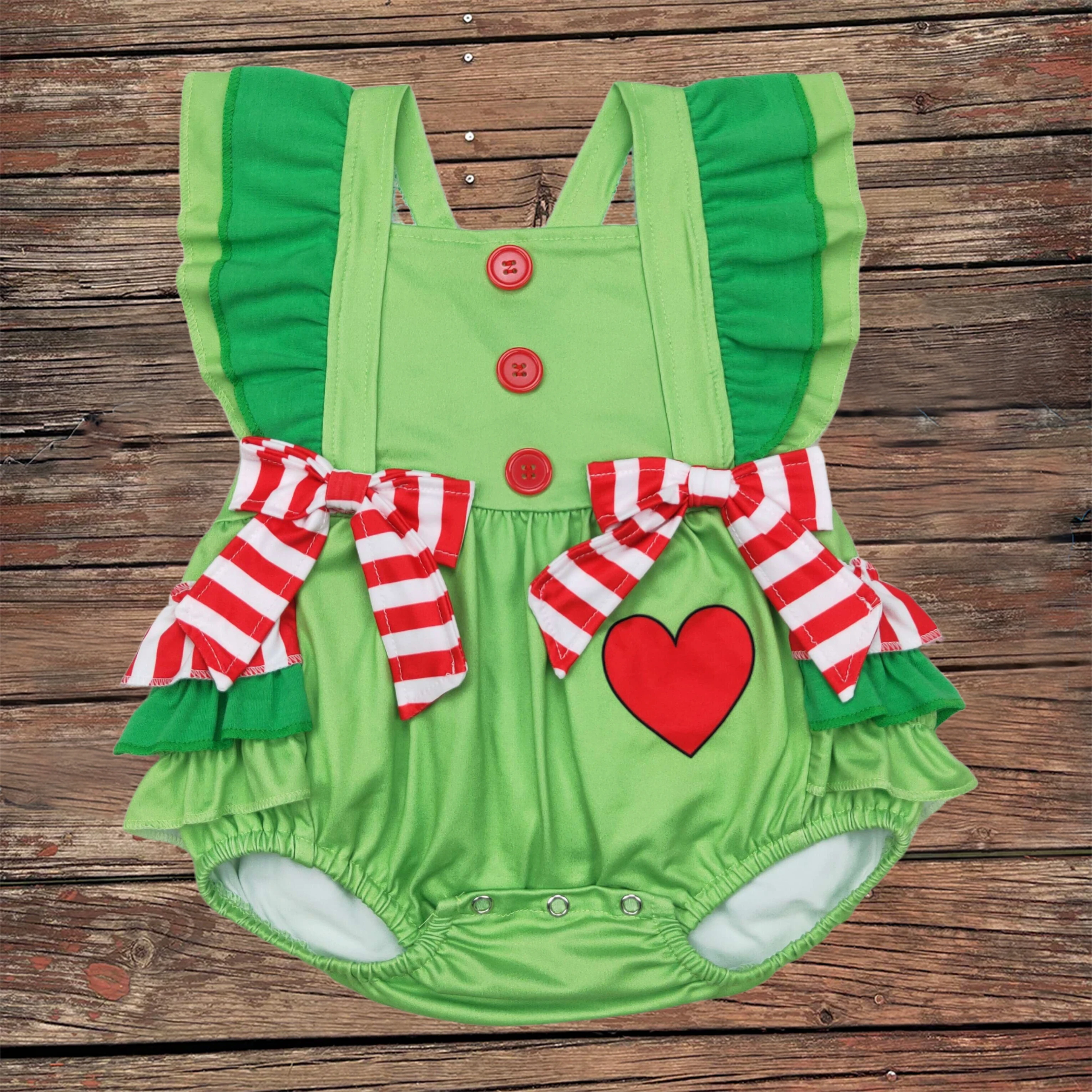 

Wholesale Baby Infant Girls Christmas Green Hearts Ruffles Romper Kids Toddler Newborn Buttons One-piece Summer Children Bubble