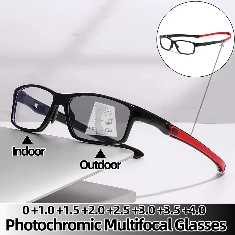 Sports Photochromic Multifocal Reading Glasses, Neutral Progressive Near Far Presbyopia Anti Blue Light Refractive Glasses