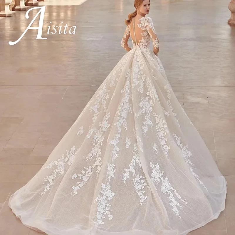 فستان زفاف على شكل قلب من الأورجانزا مع تطريز مزين بالدانتيل وأكمام طويلة وزر عروس مخصص فيستدو دي نوفيا #2