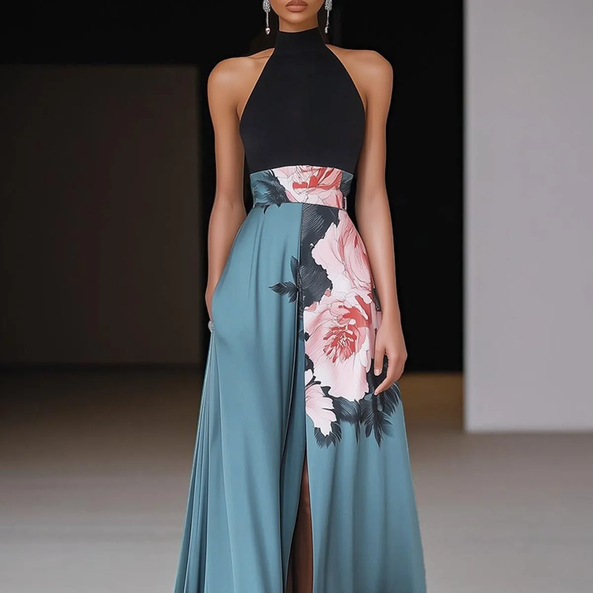 Sleeveless Printed Gown with Maxi Flare Skirt Western Style High Waist Scarf Neck Edgy Street Long Dress Summer for Women