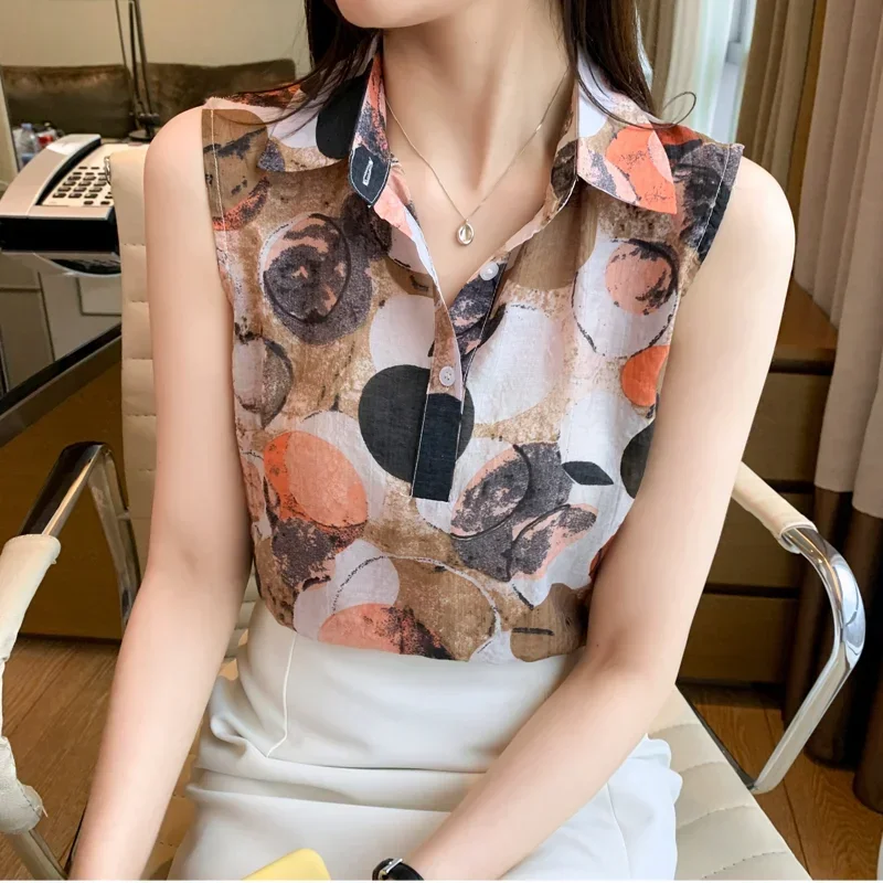 Chiffon Tops Clothes Office Lady Turn Down Collar Floral Print Blouse Summer Tank Top Women Shirts Fashion Blusa Mujer 25370