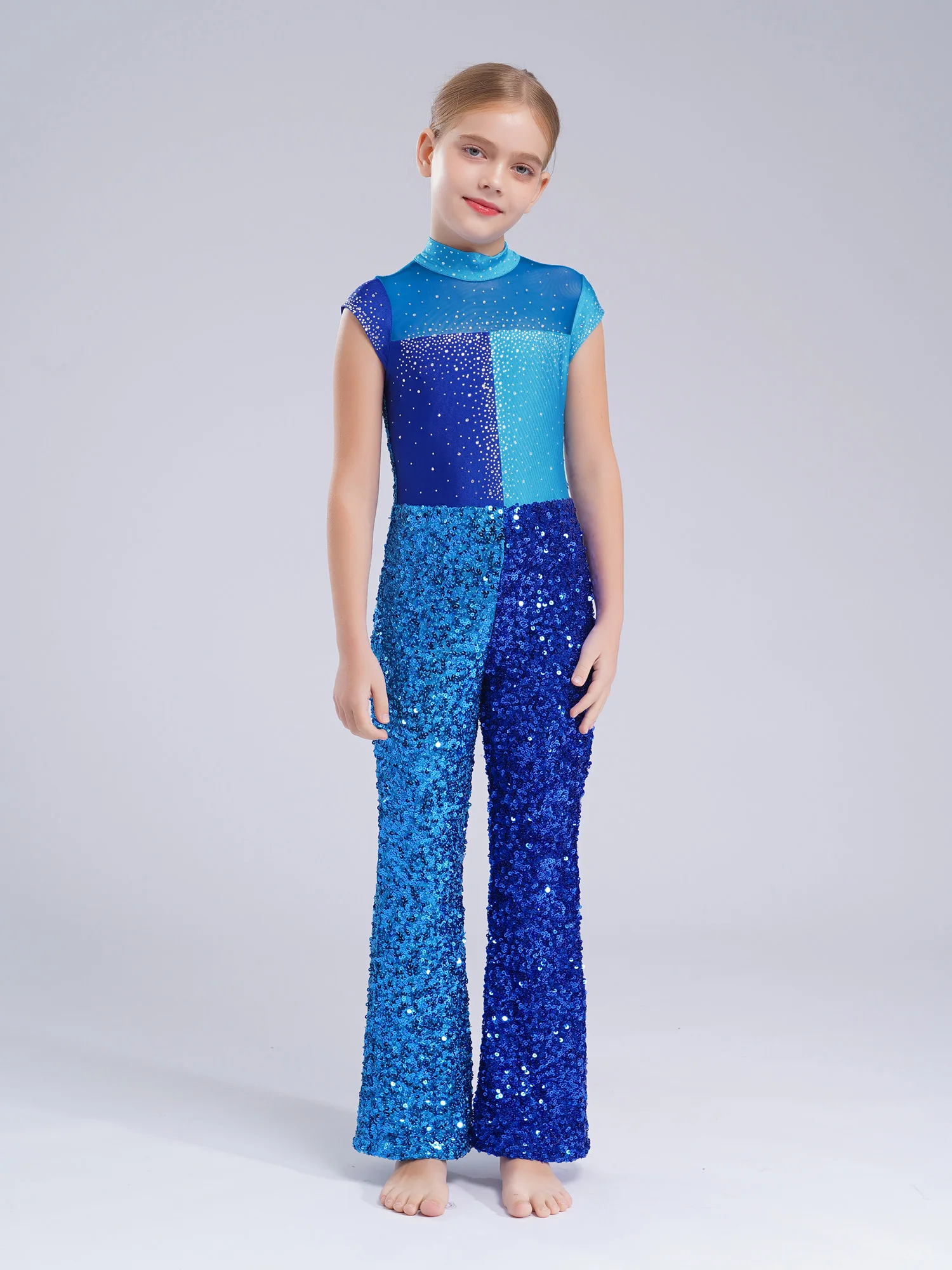 Abbigliamento da strada per ragazze Paillettes Dancewear Costume da ballo jazz Bambini Tuta scintillante Tuta a blocchi di colore Bambini Streetwear