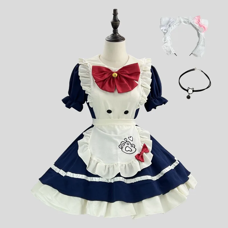 Women Sweet Cat Paw Maid Cosplay Dress Ruffle Apron Dress with Pink Bow Headband and Choker for Party view 5