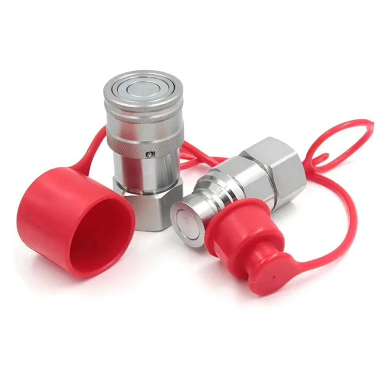 A96I-1/2Inch NPT Hydraulic Coupler Skid Steer Bobcat Flat Face Quick Connect Couplings + 2PCS Dust Cap Silver Carbon Steel