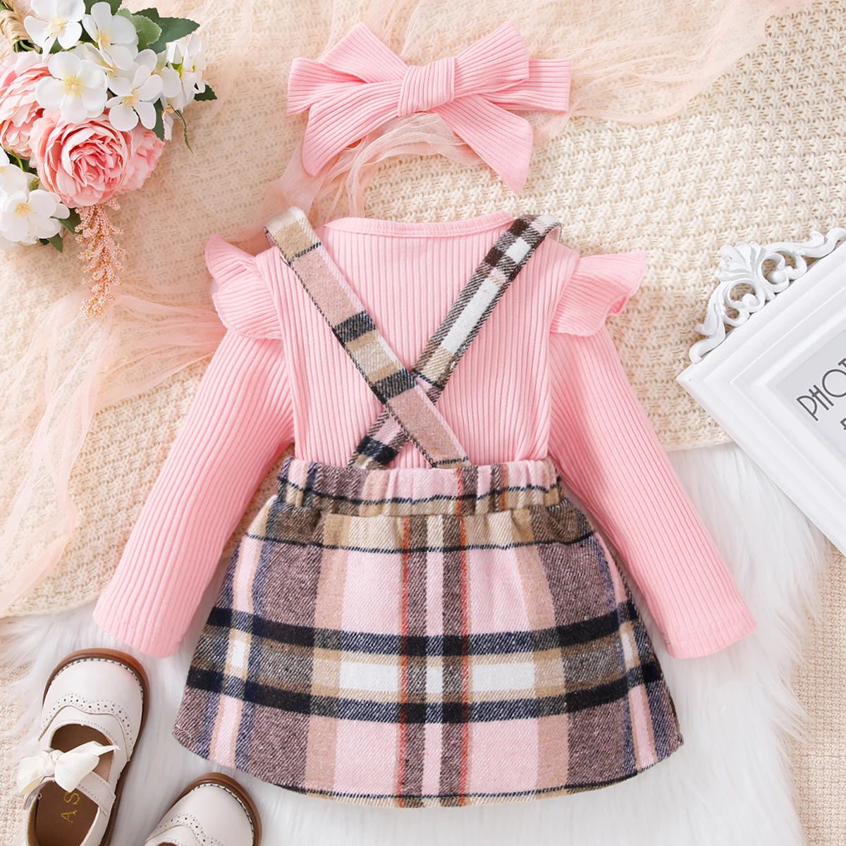 New Spring and Autumn Cute Girl Pink Long sleeved Top Casual Sling Dress Infant and Child Clothing Set