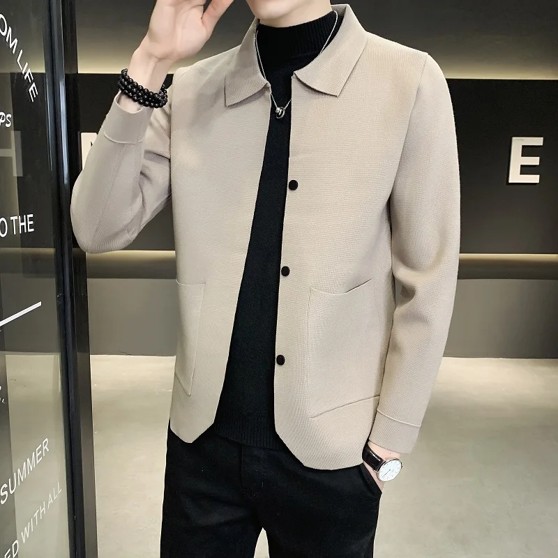 New Spring Knitted Cardigan Men's Casual Sweater Jacket Solid Color Small Suit Style Wool Sweater