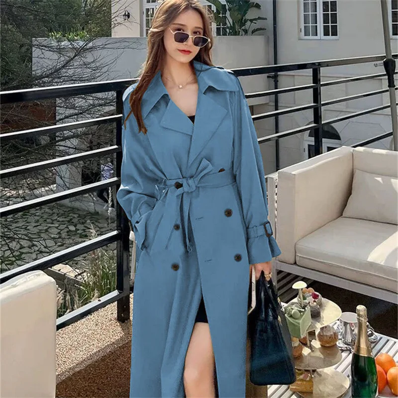 Fashion Trench Jackets Long Pattern Female Solid Color Coat Classic Lapel Long Sleeve with Belt Spring Autumn Casual Street Wear