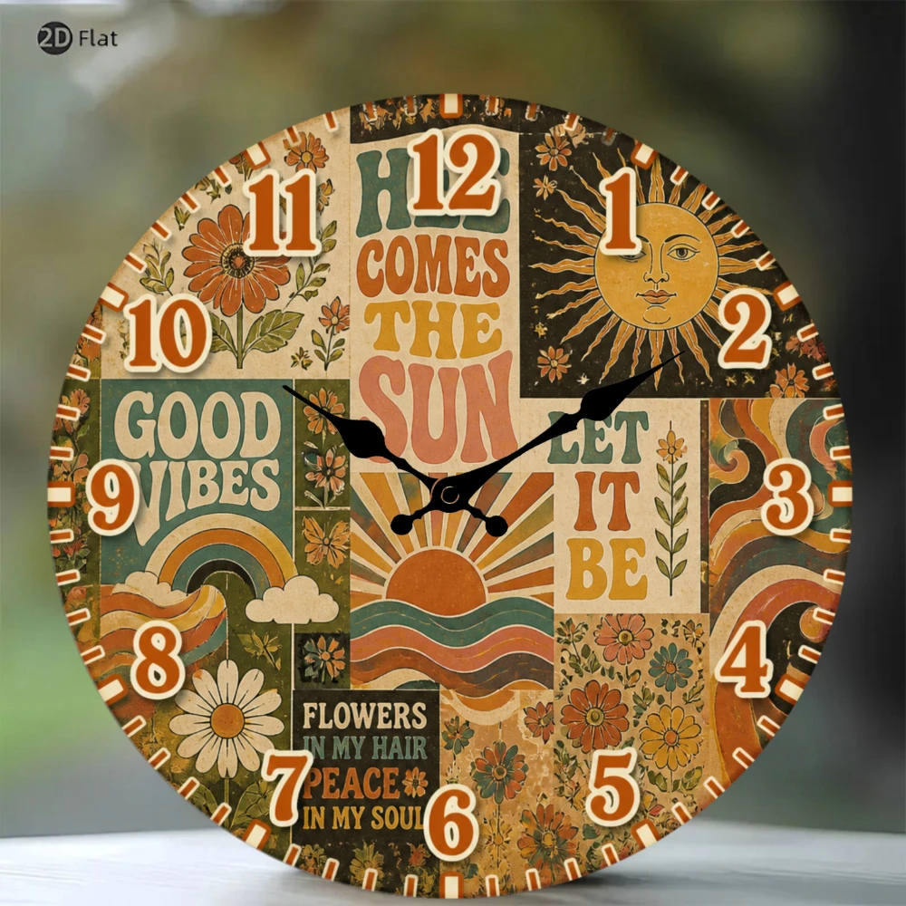 Retro Vintage Collage 2D Flat Wall Clock 10 Inch Wooden Silent Non-Ticking Bohemian Sunflower Good Vibes Room Decor