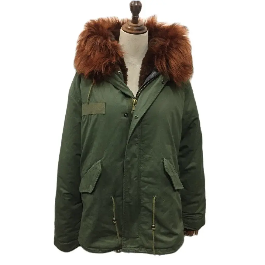

Cotton Short Parka With Coffee Brown Faux Fur Lining and Faux Fur Collar Unisex Winter Knitted Clothes