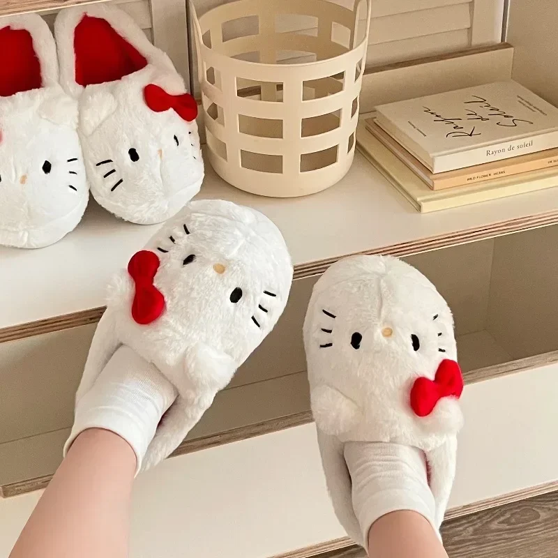 Hello Kitty Sanrio Plush Slippers Kawaii Cute Student Autumn Winter Bedroom Soft Padded Plush Shoes Toys Girls Birthday Gifts