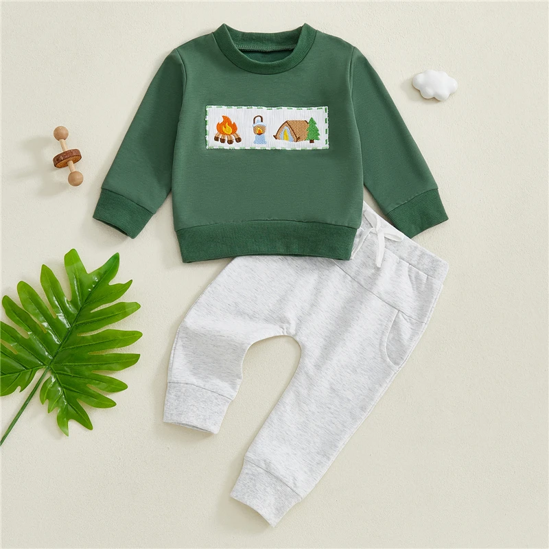 Toddler Baby Boys Autumn Set Long Sleeve Crew Neck Embroidery Campfire Sweatshirt with Elastic Waist Sweatpants Infant Clothes