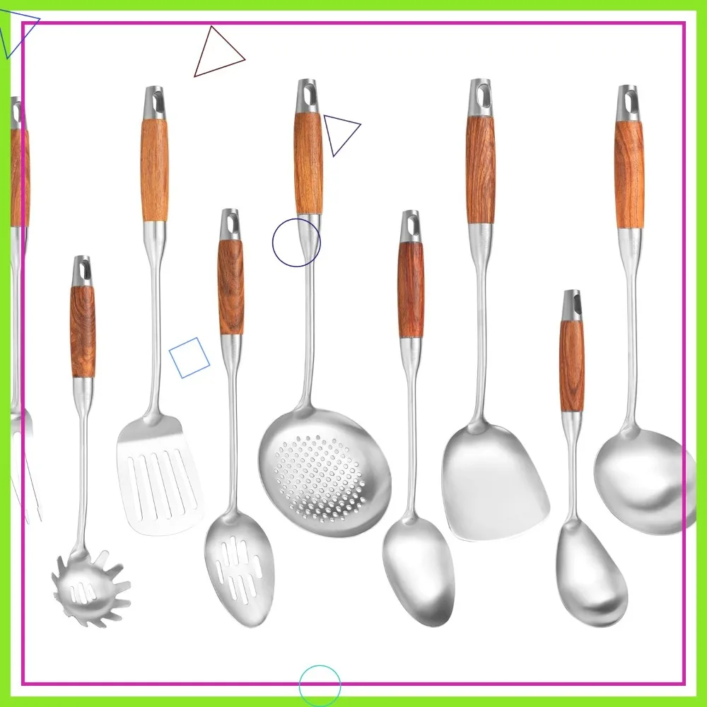

Набор кухонных принадлежностей из 9 предметов из нержавеющей стали с деревянными ручками для приготовления пищи, включает ложки, вилки, лопатки, половники и другие.