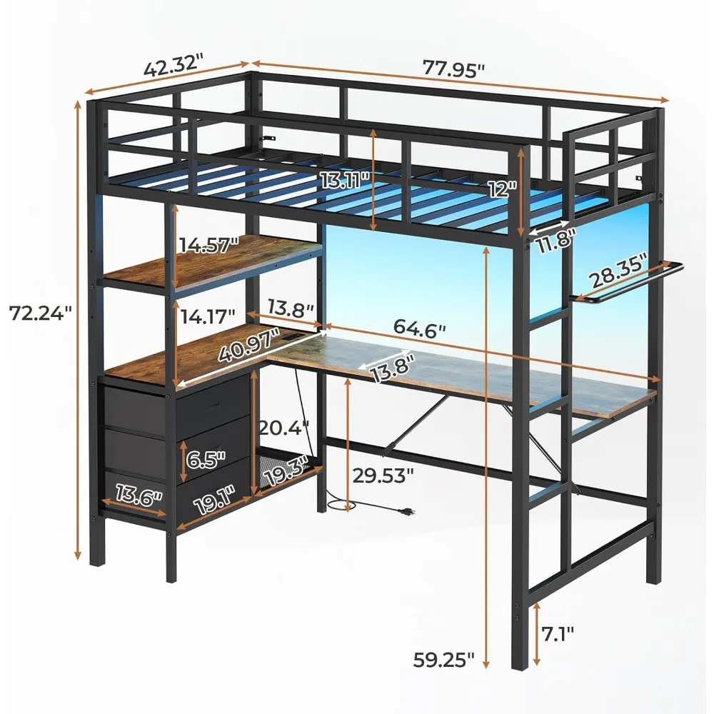 Twin Metal Loft Bed with L-Shaped Desk,Charging Station LED Loft Bed Frame Twin Size with 3 Storage Shelves and 3 Fabric Drawers