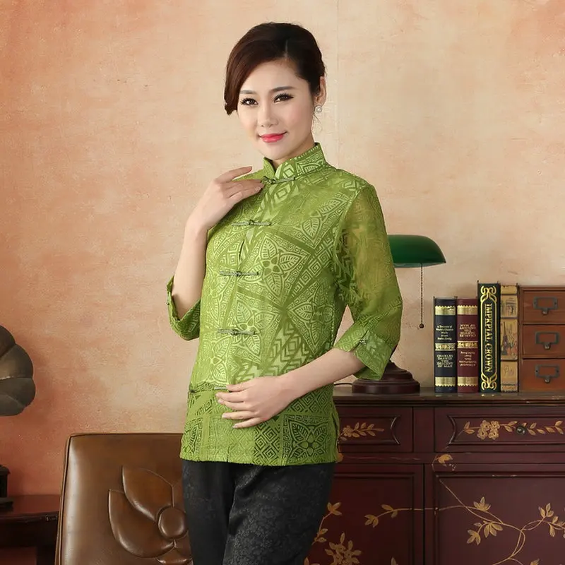 2024 Spring Summer Women Vintage Shirt Green Black Translucent Qipao Style Tunic Top Chinese Traditional Clothes For Ladies Wear