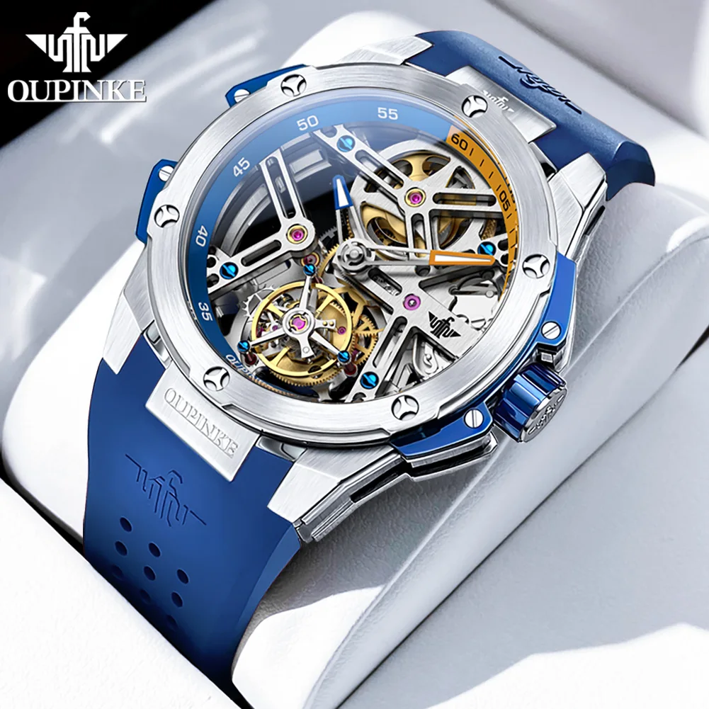 OUPINKE 8003 Tourbillon Men Watch Comfortable Silicone Strap Automatic Mechanical Wristwatch for Men Luxury Watch