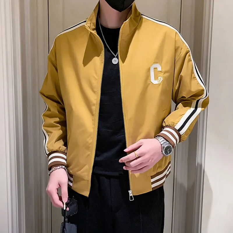 

Casual American Sle Pure Color Baseball Jaet for Men Youth Stand Collar Retro Trendy Loose Fit Polyester Zipper Closure