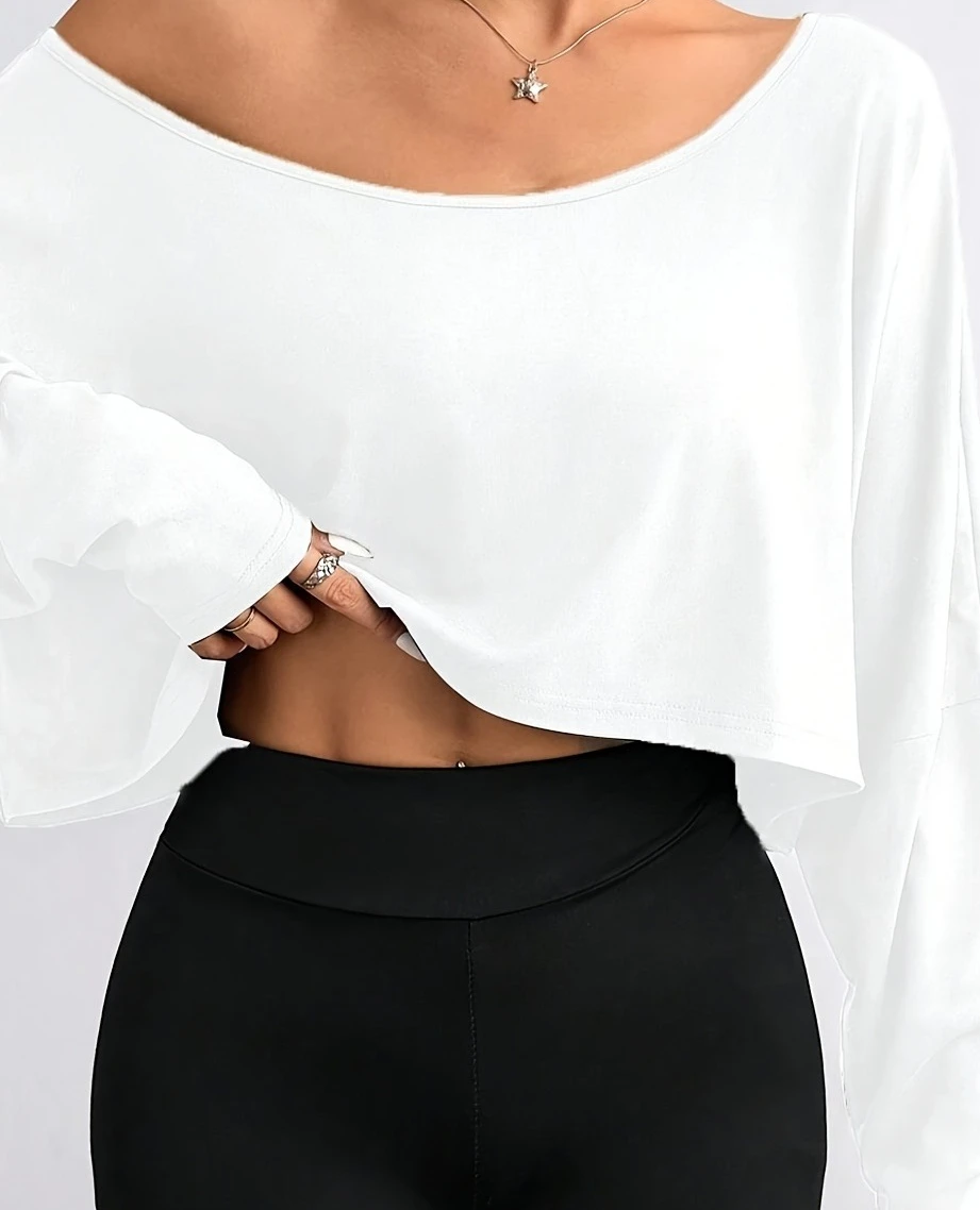 Plus Size 1XL-5XL Women's Fashion Off Shoulder Asymmetric Collar Long Sleeve Casual T-shirt Two Piece Set