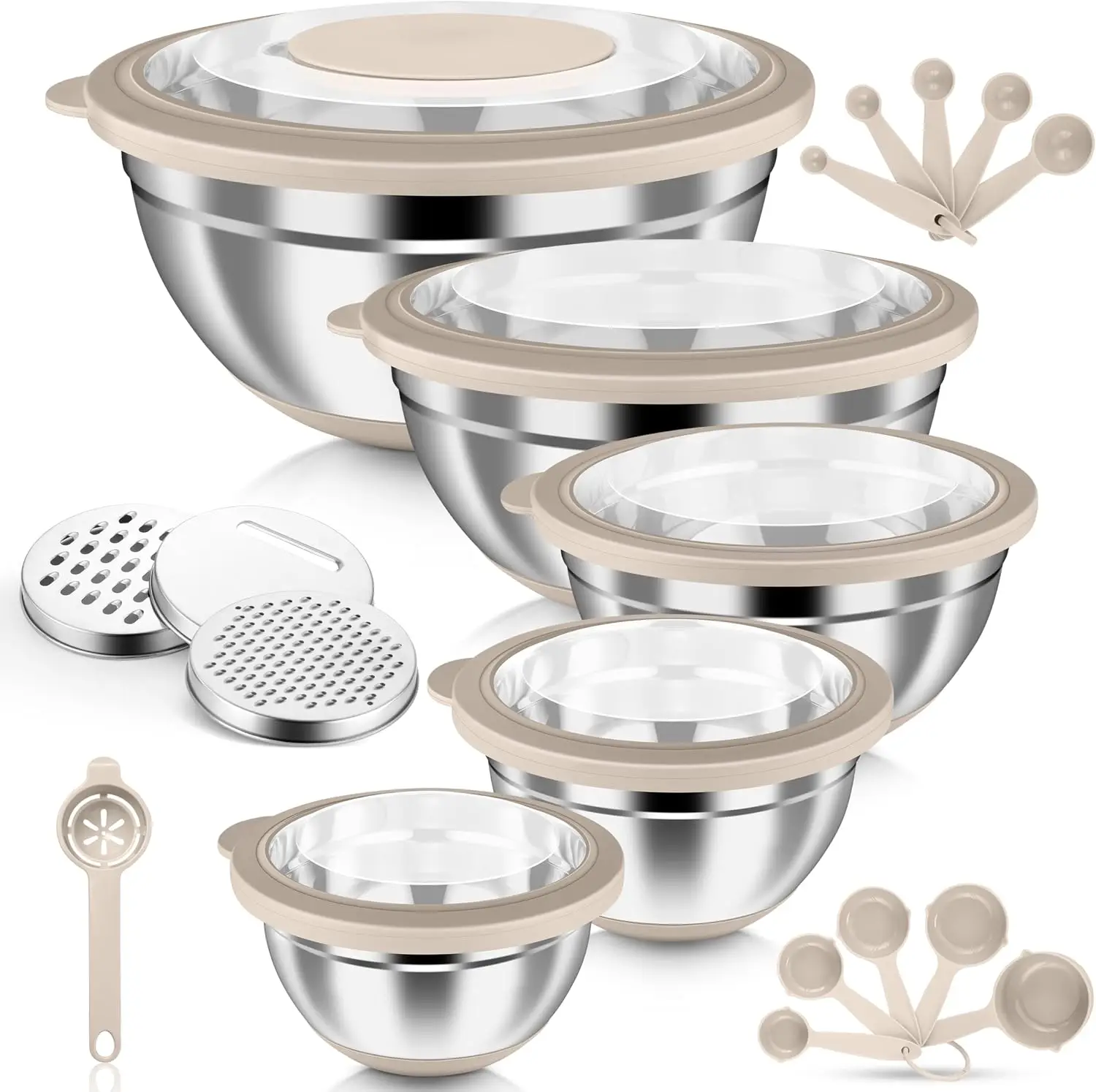 Stainless steel mixing bowl, khaki | airtight clear lid, 5 nested bowls: 4.6/26/1.5/1/0.7QT, including 3 grinders, non-slip, for serving, preparation, storage