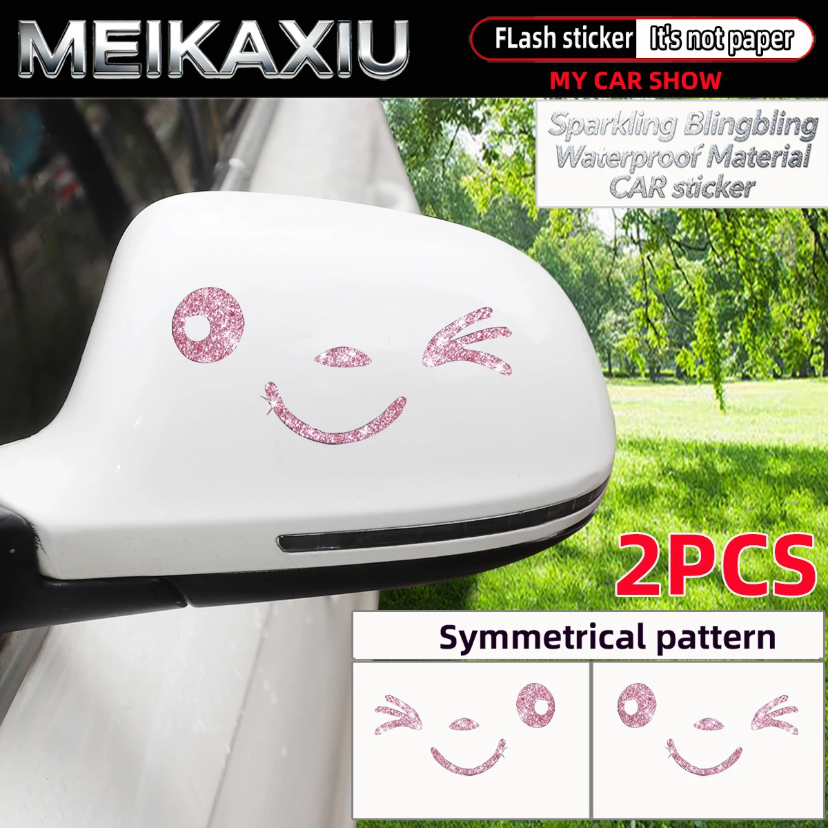 2PCS Waterproof Shiny Bling Bling Cute Smiling Face Rearview Mirror Stickers Car Decoration Women's Fashion Accessory