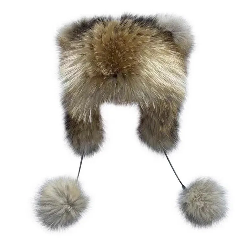 Winter Real Fox Fur Hats Russian Female Natural Raccoon Fur Hat Full Pelt Bomber Hat with Earflap Fall Women Caps with Ear