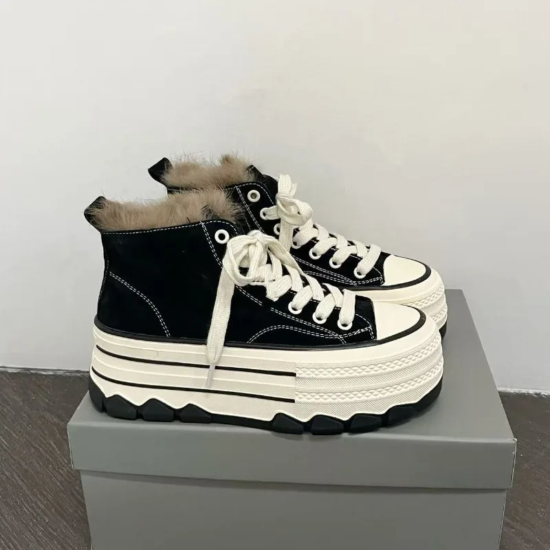 Winter pluche hoge laarzen voor dames konijnenbont hoge canvas schoenen voor dames Muffin Bottom verhoging dames boardschoenen