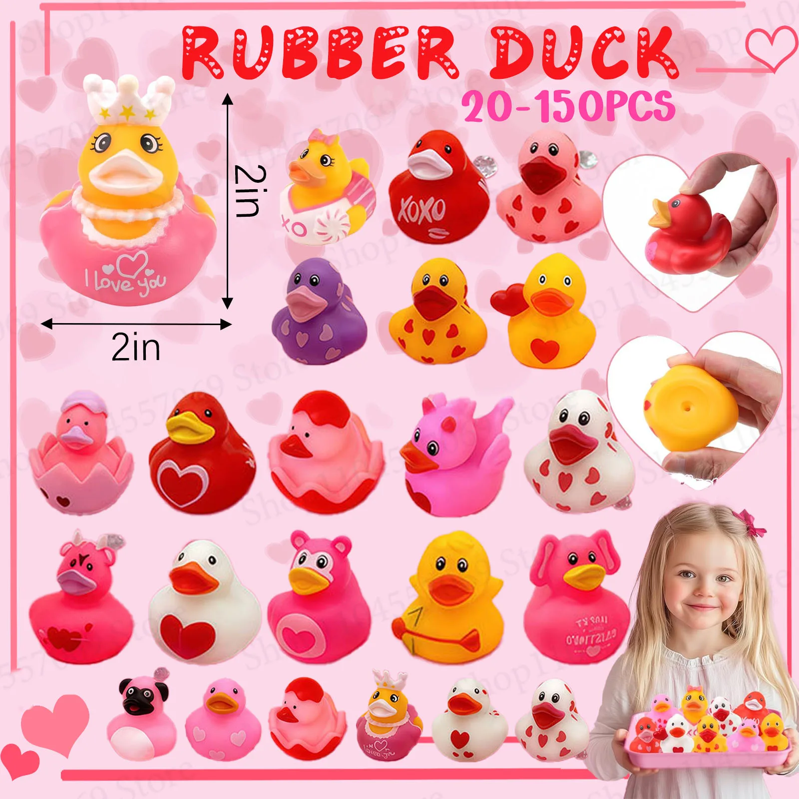 20-150PCS Valentine's Day Rubber Ducks in Bulk Random Assortment Ducks Jeep ducks for Ducking Bath Toys Party Favors for Kids