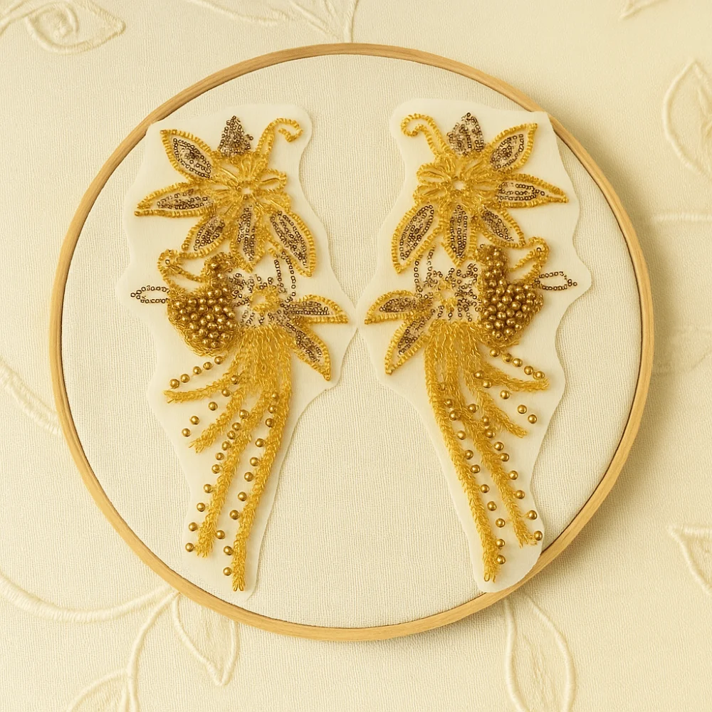 

Handmade Nail Beads Clothing Applique Gold Embroidery Sequin DIY Collar Flower Mesh Fabric Luxury Patch Repair Sewing