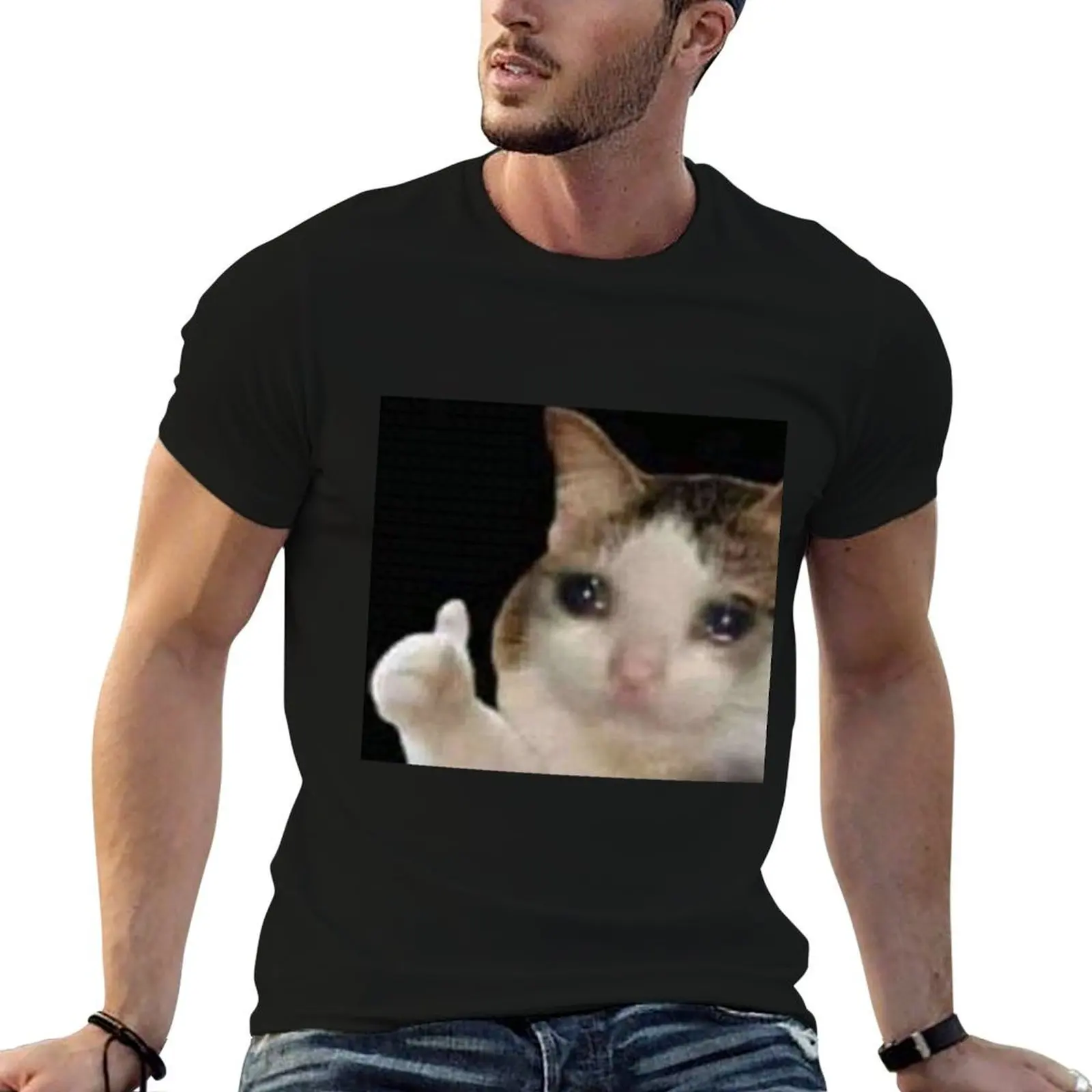 Sad Wholesome thumbs up cat T-Shirt luxury designer sweat t shirts for men