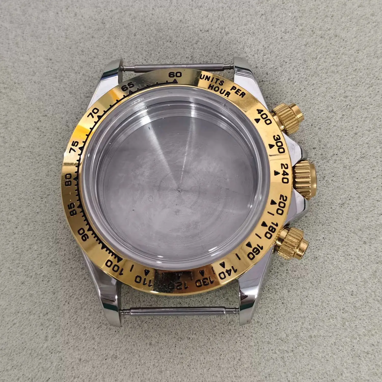 39mm Two Tone Rose Gold Stainless Steel Watch Case Bubble Crystal Fit VK63 3-Eye Chronograph Quartz Movement Watch Mod Parts