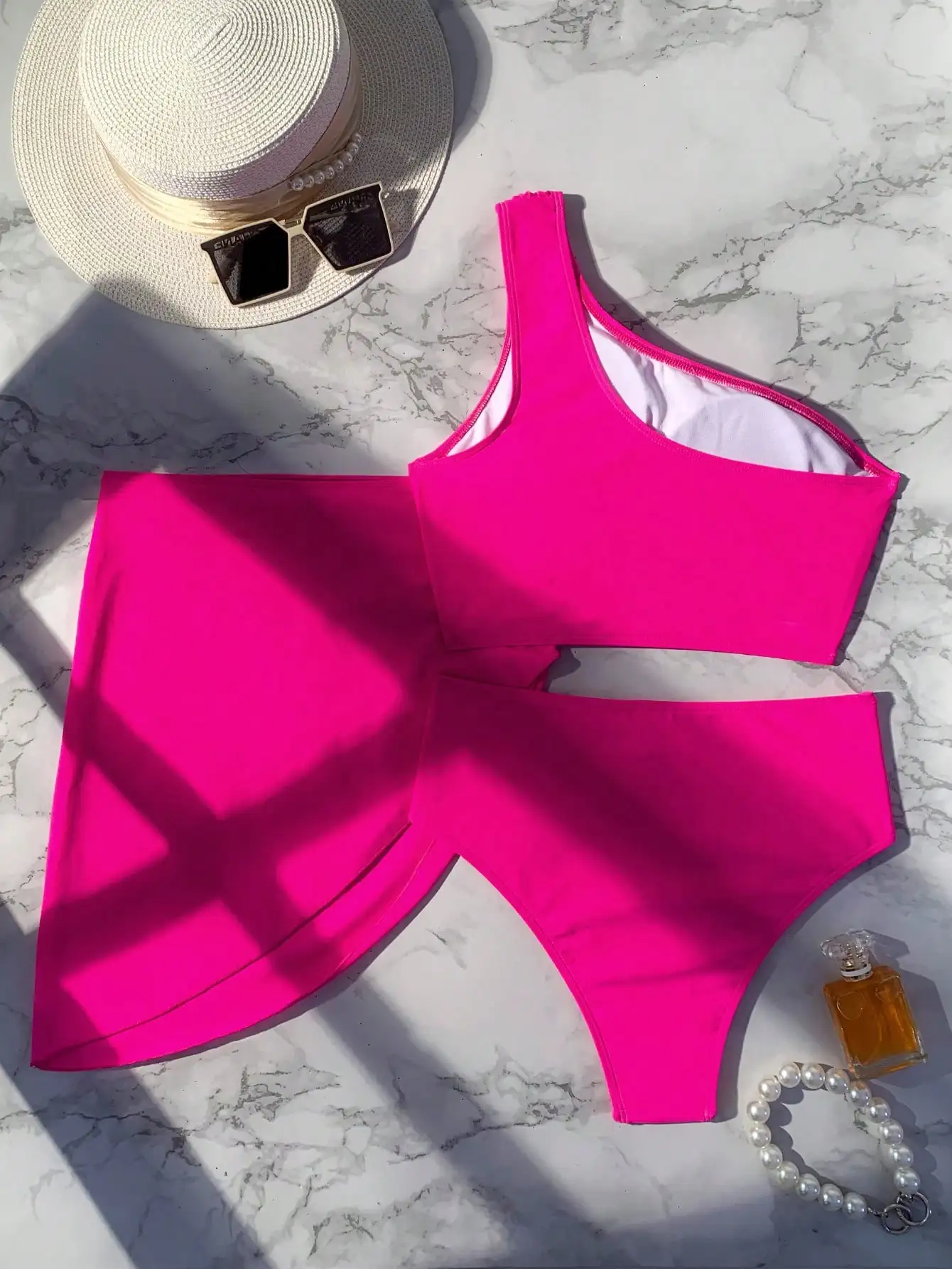 

One Shoulder Bikini Set With Beach Skirt Solid Color Summer Swimwear
