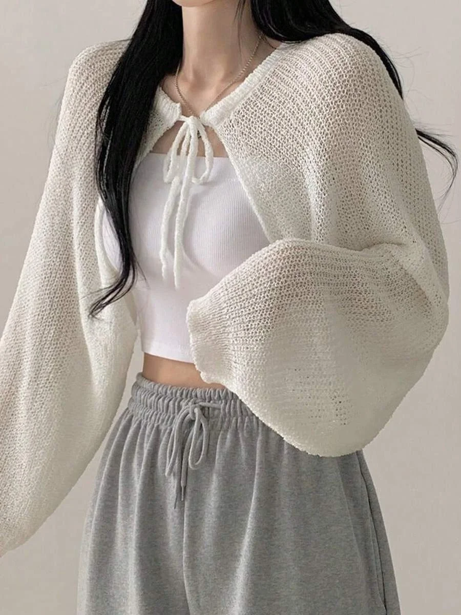 Korean Style Chic Ice Silk Sun Protection Shoulder Wrap Outerwear Knitted Long Sleeve Cardigan with Drawstring  Knot