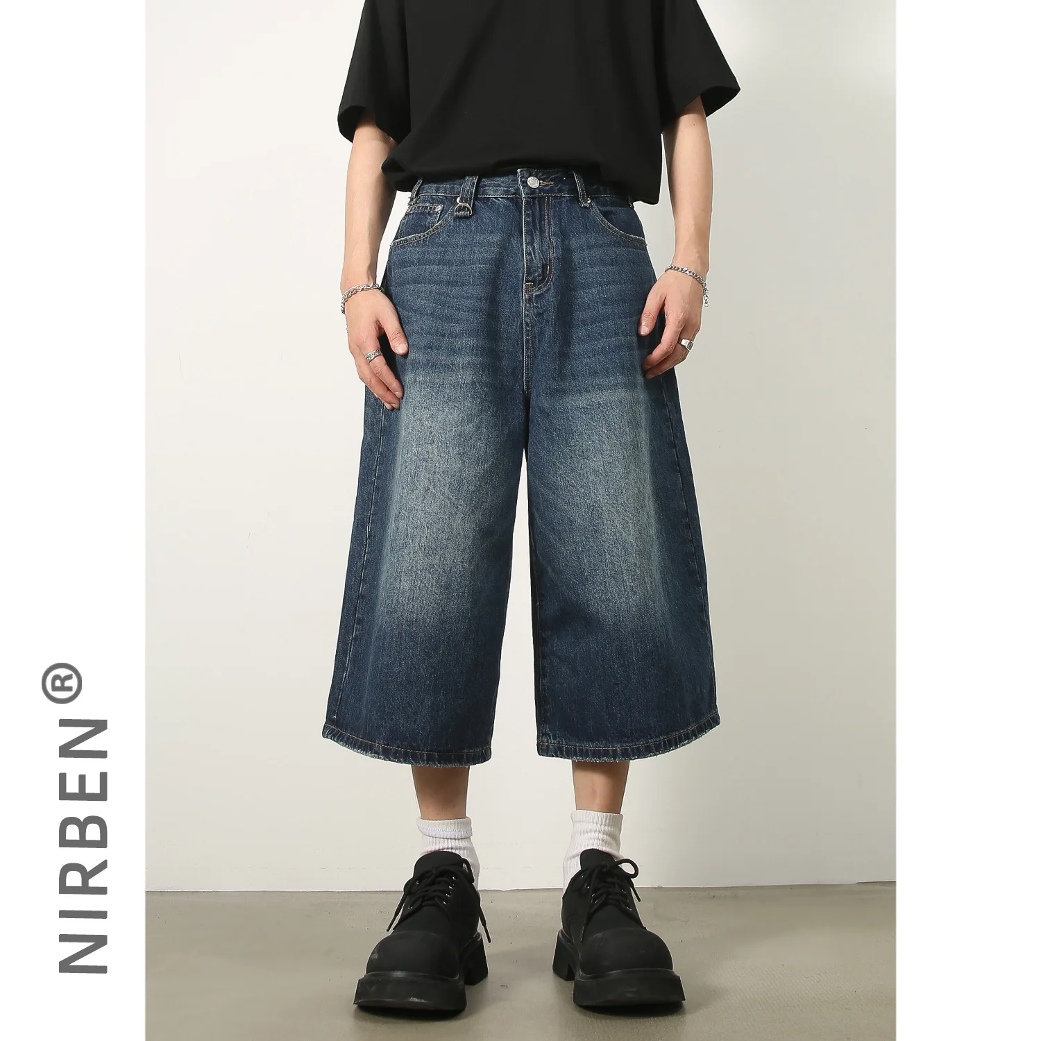 Summer Loose Silhouette Washed Retro Old Seven-point Straight Denim Shorts Men's Trend