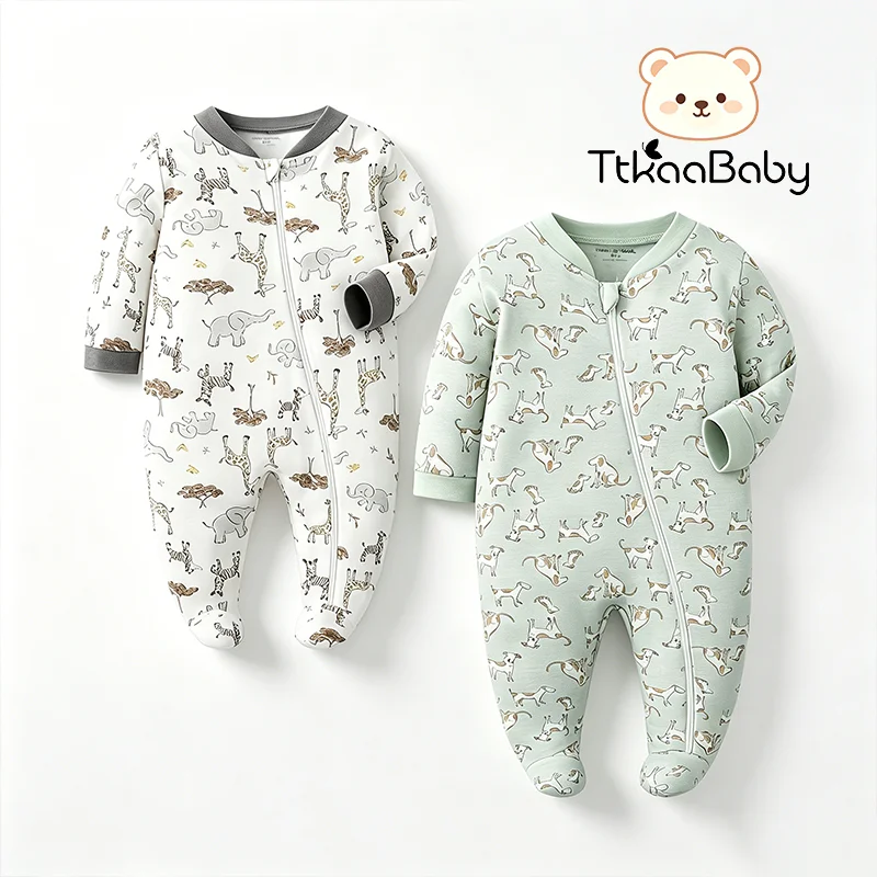 TtkaaBaby 100% Baumwolle Tier-Print Langarm-Baby-Strampler-Set mit Füßen – Neugeborenen- und Erstgeburtstagsgeschenk – Detail 1