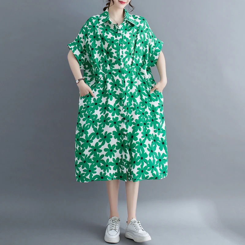 #3959 Black Green Printed A-line Buttons Front Shirt Dress Turn-down Collar Vintage Midi Dress Short Sleeve Loose Side Pockets 