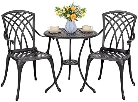 Patio Bistro Sets 3 Piece Cast Aluminum Bistro Table and Chairs Set with Umbrella Hole Bistro Set of 2 for Patio