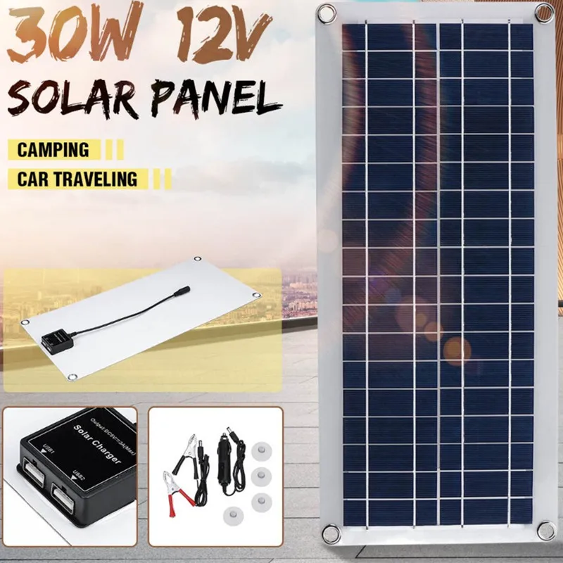 Portable Lightweight Solar Charging Panel 12V 30W Solar Charging Battery Suitable for Outdoor Camping Electrical Equipment